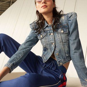 PUFF SLEEVES DISTRESSED DENIM JEAN JACKET